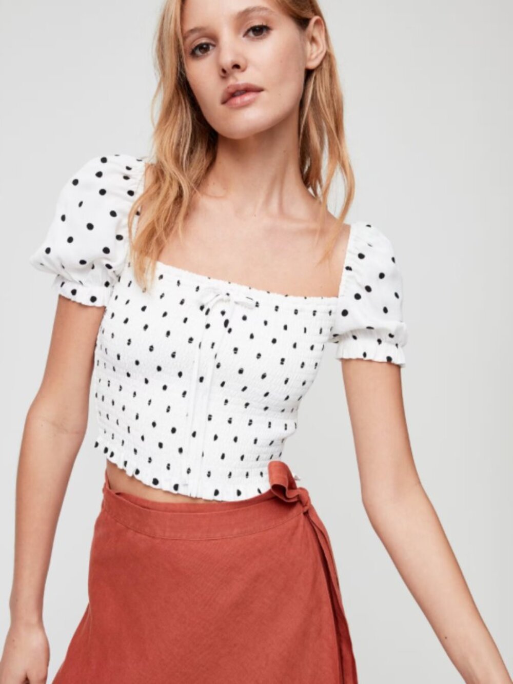 Wilfred polka dot off shoulder blouse XS